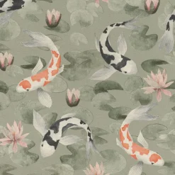 Brewster 4035-409437 Nobu Green Koi Fish Wallpaper> Animals & Insects