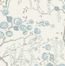 Brewster/ASP Aqua Peony Tree Wallpaper Online