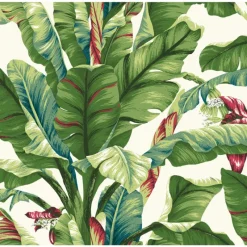 York AT7068 White Green Banana Leaf Wallpaper Clearance