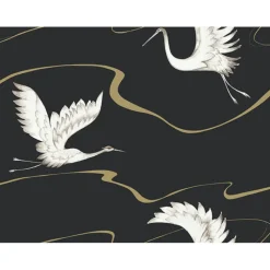 York BW3871 Black Gold Soaring Cranes Wallpaper> Animals & Insects