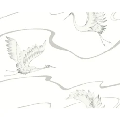 York BW3873 White Silver Soaring Cranes Wallpaper Clearance