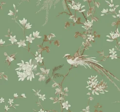 York KT2175 Green Bird And Blossom Chinoserie Wallpaper Sale
