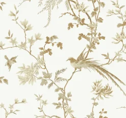 York KT2174 White/Gold Bird And Blossom Chinoserie Wallpaper> Architectural
