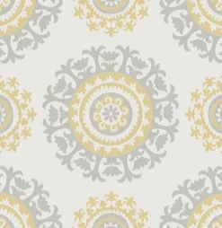 Brewster NU1652 Grey and Yellow Suzani Peel and Stick Wallpaper> Florals