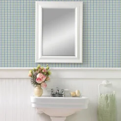 Brewster Sage Hill Roslin Aqua Check Wallpaper> Florals