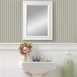 Brewster Sage Hill Roslin Dark Grey Check Wallpaper> Florals